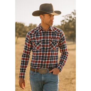 NWT ARIAT Red Blue Plaid Long Sleeve Retro Fit Pearl Snap Button Shirt Mens Sz S